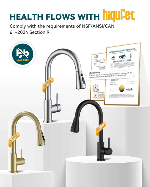 Pull Down Sprayer Kitchen Faucet In Brushed Nickel High Arc Design displayed with certification documents