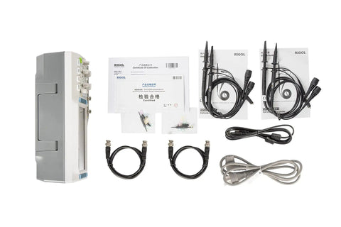 Monster Four Channel 100 MHz Digital Oscilloscope with 25 MHz Signal Source, showing unit, probes, and cables laid out.