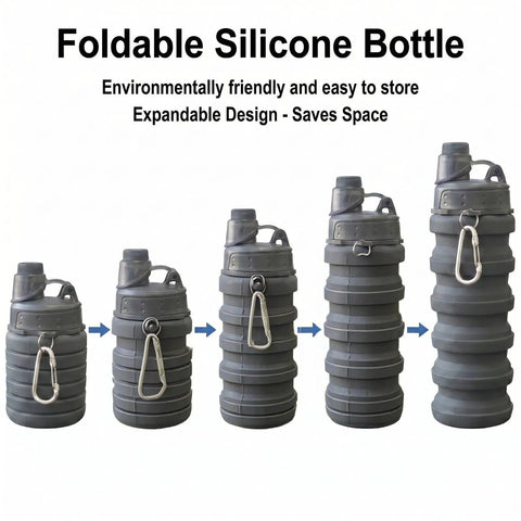 Two Pack Collapsible Silicone Water Bottles 500ml Each shown in grey with mountaineering buckle, expanded and collapsed view.
