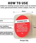Soldering paste in 50g container with usage features for All In One Solder Kit With Tip Cleaner And Holder, 1.0mm Solder Wire 11g.