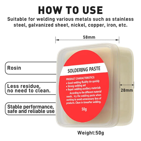 Soldering paste in 50g container with usage features for All In One Solder Kit With Tip Cleaner And Holder, 1.0mm Solder Wire 11g.