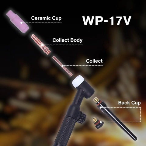 Lift TIG Torch For MIG225 And MIG225SP Welders, WP-17V Welding Gun with parts labeled, featuring components like ceramic cup.
