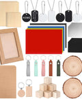 76-piece laser material kit for engraving: wood blocks, acrylic sheets, PU leather tags, metal tags, keychains.