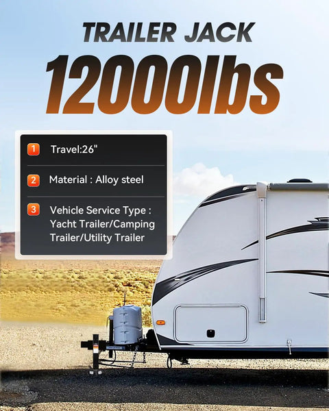 Heavy Duty Trailer Jack 12000 Lbs Side Mounted Direct Weld 26 Inch Vertical with RV and travel information display