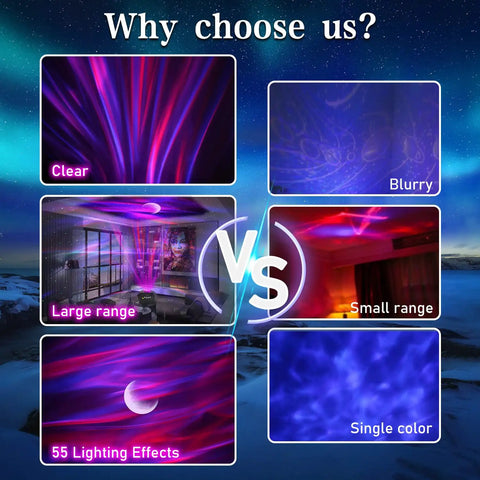 Comparison of Aurora Projector Night Light With Bluetooth Speaker for Bedroom Vibes showing clear vs blurry projection details.