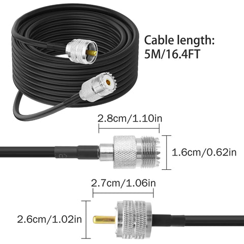 PL259 UHF Coax Cable From UHF Male To Female Low Loss CB Antenna Extension Jumper Cord for Ham Radio, 5m 16.4ft length