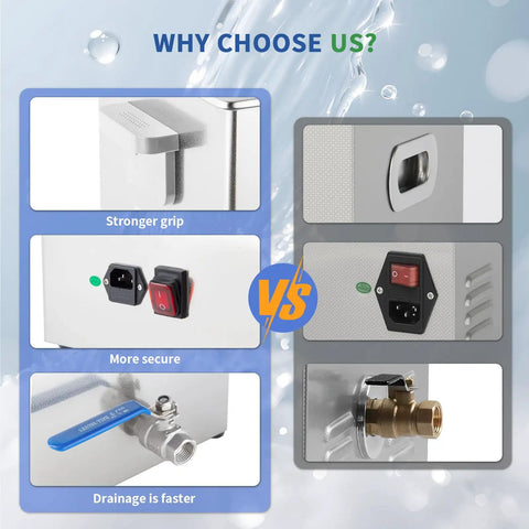 Detailed view of heavy duty ultrasonic cleaner's strong grip, secure switch, and improved drainage features for efficiency.