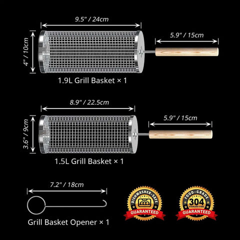 Diagram showing Rollin Grill Basket With Removable Beech Wood Handle And 304 Stainless Steel Build, including dimensions and opener.