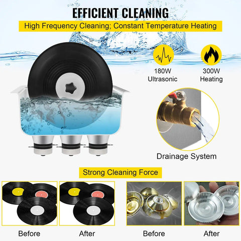 Dope Ultrasonic Vinyl Record Cleaner 6L 40kHz with knob control infographic showing cleaning process, SUS304 tank