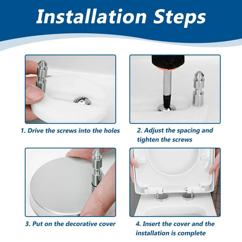 Installation steps for Two Pack Quick Release Toilet Seat Hinges For Blind Hole Fixes with stainless steel components.
