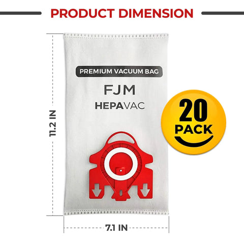 20 Pack HEPA AirClean 3D Dust Bags For Miele Vacuums Fits Compact C1 C2 And Complete C1 Replacement Set displayed with dimensions