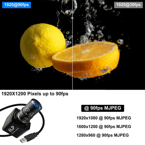 Global Shutter 90fps USB Camera With 10X 5-50mm Varifocal Lens capturing fast motion of lemon and orange in mid-air splash