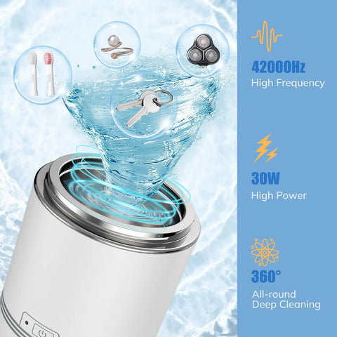 Portable Ultrasonic Jewelry Cleaner 42kHz 7.4 Oz 220ml Deep Cleaning Machine for Dentures Retainers Aligners Jewelry Coins White