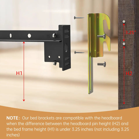 Top Shelf Galvanized Steel Bed Frame Conversion Brackets Four Pack showing adjustable mounting clips and height measurements.