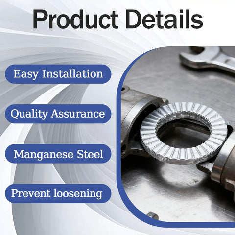 Premium 5/16 Inch Wedge Locking Washers 20 Pack Vibration Proof Manganese Steel Fasteners on metal surface with wrenches.