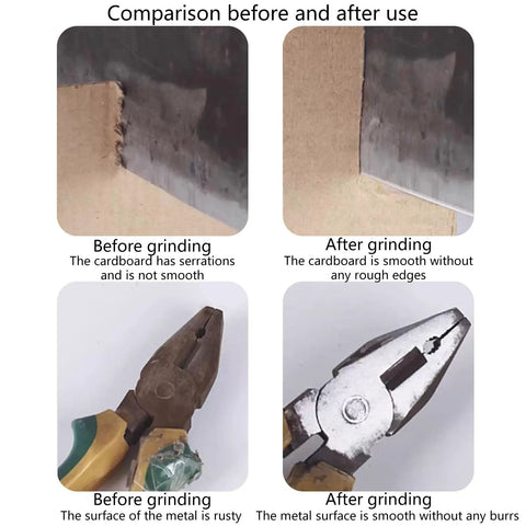 Before and after comparison showing Cordless Electric Bench Grinder 18V Powered Dual Wheel Polishing And Grinding Machine results.