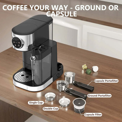 Barista-Grade 3-In-1 20 Bar Espresso Machine for Home Use with Dual Boiler and Automatic Milk Frother on kitchen counter