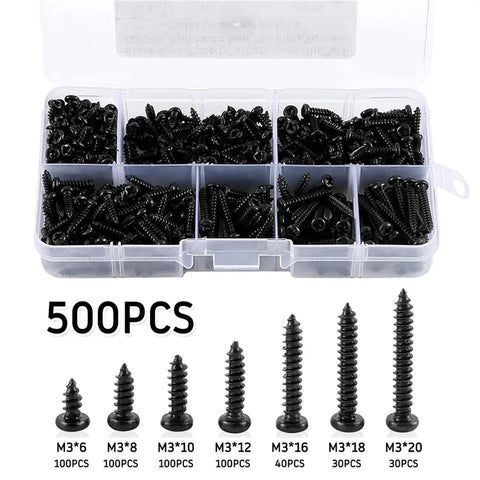 Two Pack 500 M3 Black Pan Head Cross Self Tap Wood Screws in case, various sizes, for easy hidden wood joints, dual-end locking design.