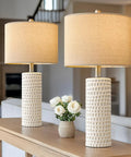 24 Inch Farmhouse Ceramic Table Lamp Set Of 2 White For Bedroom And Living Room Modern Nightstand Lamps With Linen Shade