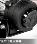Close-up of Heavy Duty Electric Winch With Wireless Remote Control, showcasing steel cable and durable control knob.