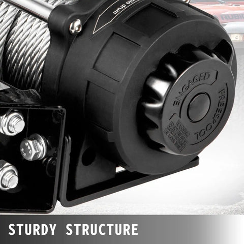Close-up of Heavy Duty Electric Winch With Wireless Remote Control, showcasing steel cable and durable control knob.