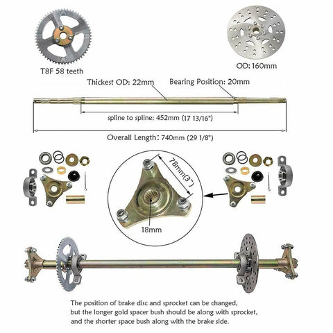 Diagram of rear axle components for High Torque 48V 1800W Brushless Electric Motor Kit with dimensions and part labels.