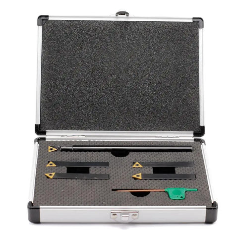 Three Eighths Inch Shank Lathe Turning Tool Set With 5 Indexable Inserts And Holders For External And Internal Turning in case.