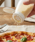 Top Shelf Soft Parmesan Cheese Shaker Set Squeezable Spice Jars With Wide Opening Heavy Duty Plastic seasoning cheese over pizza.