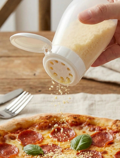 Top Shelf Soft Parmesan Cheese Shaker Set Squeezable Spice Jars With Wide Opening Heavy Duty Plastic seasoning cheese over pizza.