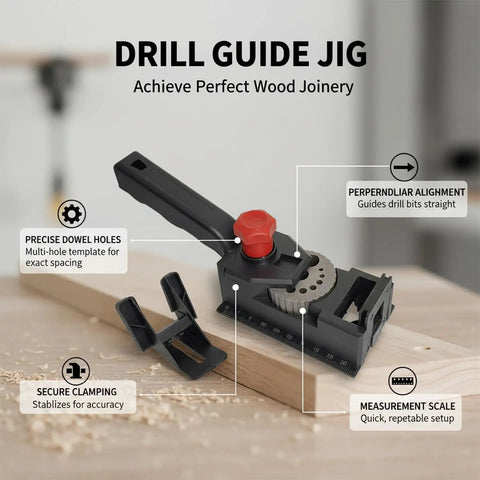 Rock Solid Woodworking Drill Guide Jig For Dead On Accurate Dowel Holes and No Sweat Furniture Assembly with clamped template.