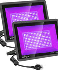 Two Pack 100W LED Black Light Flood Lights With Plug And Switch IP66 Waterproof displaying neon glow effect