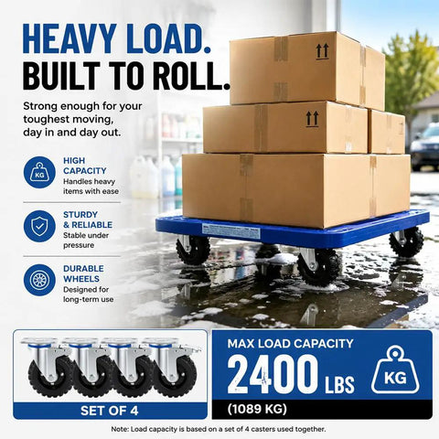 Set Of Four Five Inch Heavy Duty Caster Wheels Packed With Bully Solid Rubber Tires That Roll Smooth Across All Terrain built on a blue cart with boxes.