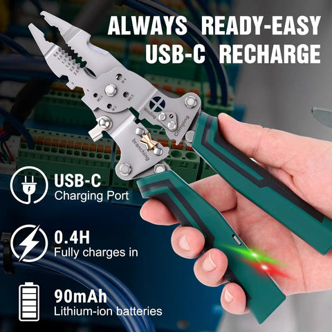 Person using All In One Foldable Wire Stripper With Voltage Tester For Electricians near control panel, USB-C charge indicator visible.