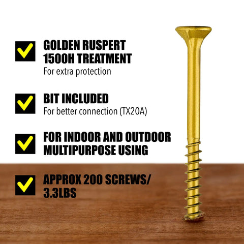 Hella Durable Wood Screws 10 X 3 Inch Self Drilling Deck Fasteners 200 Pack Rust Resistant Quick Drive No Sweat Installation For Furniture Cabinets And Outdoor Projects Includes T25 Bit, golden screw on wood.