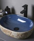 Hella Sleek Round Porcelain Bathroom Vessel Sink With Chrome Pop Up Drain Above Counter Vanity Art Basin High Gloss Scratch Resistant Ceramic Built Tough And Looking Sharp For Your Daily Setup, blue interior.