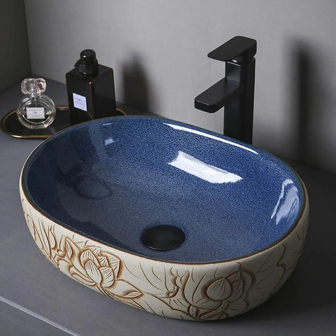 Hella Sleek Round Porcelain Bathroom Vessel Sink With Chrome Pop Up Drain Above Counter Vanity Art Basin High Gloss Scratch Resistant Ceramic Built Tough And Looking Sharp For Your Daily Setup, blue interior.