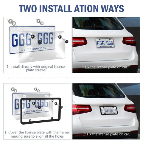 Installation guide for Two Pack Matte Clear License Plate Covers And Frames Set With Screws Caps on rear of a car, ABS plastic.