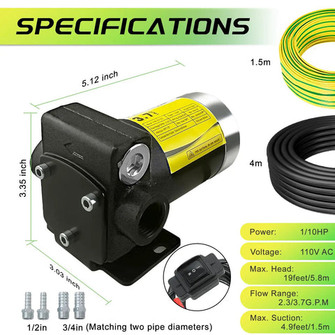 Portable 110V Fuel Transfer Pump With Forward And Reverse Pumping Self Priming 2.3 To 3.7 GPM, dimensions and specs shown