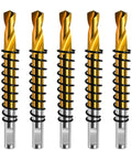 Five Pro Grade M2 HSS Pilot Drill Bits Titanium Coated Center Pins with black springs for precise metal hole cutting.