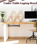 Heavy Duty Under Desk Laptop Mount To Free Up Precious Workspace And Keep Your Macbook Mini Pc Or Gaming Console Tucked Away Securely With Zero Stress Assembly For A Slick Home Office Flex, installed under table with a laptop.