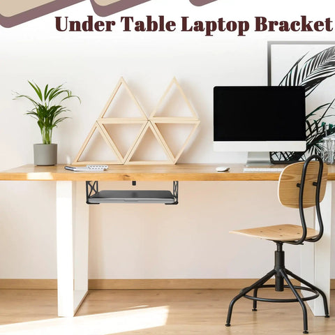 Heavy Duty Under Desk Laptop Mount To Free Up Precious Workspace And Keep Your Macbook Mini Pc Or Gaming Console Tucked Away Securely With Zero Stress Assembly For A Slick Home Office Flex, installed under table with a laptop.