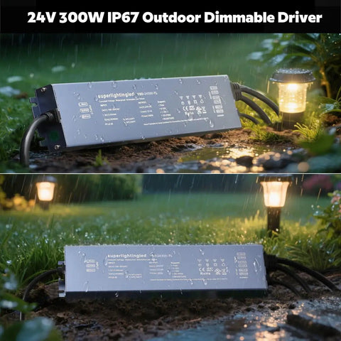 24V 300W LED Power Supply With Five In One Dimming, outdoor waterproof transformer beside garden light in rain