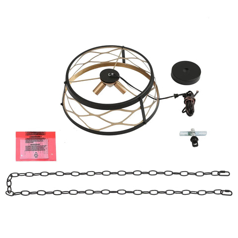 Components of Dope Black And Gold 3 Light Drum Pendant Chandelier With Hollow Metal Shade, 15 Inch Round Ceiling Light On Chain