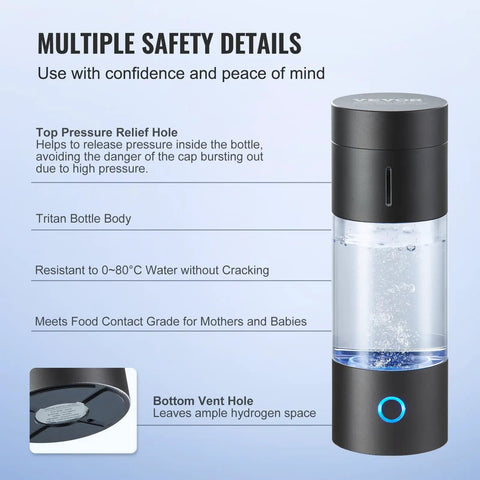 Hydrogen Water Bottle Generator With SPE Technology On The Go Portable 230 Milliliter Capacity showing safety details