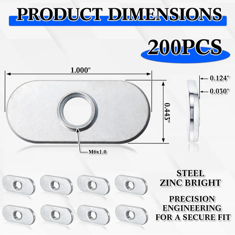 Dimensions and details of 200 Pcs M6 X 1.0 Centered Slide In T Nuts for 10 Series T Slot Aluminum Extrusion Zinc Plated Carbon Steel