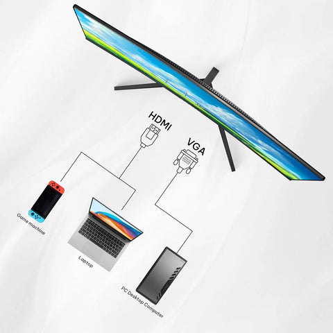 Top view of 24 Inch Curved Gaming Monitor With 120Hz 1ms Response For Slick Gameplay And Crisp Home Office And Casual Gaming Setup, FHD 1080P, 3000 To 1 Contrast Ratio, FreeSync, Eye Care, HDMI And VGA, Wall Mount Ready with HDMI and VGA connectivity options to laptop, gaming console, and PC.