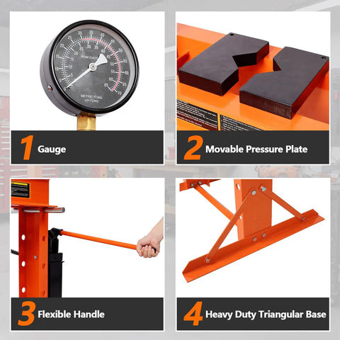 Components of Heavy Duty 30 Ton Hydraulic Shop Press With Press Plates Adjustable Height H-Frame Floor-Standing Auto Repair Press
