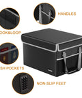 Fireproof File Box Safe Organizer with lid, handles, mesh pockets, hook & loop, and non-slip feet for letter and legal folders.