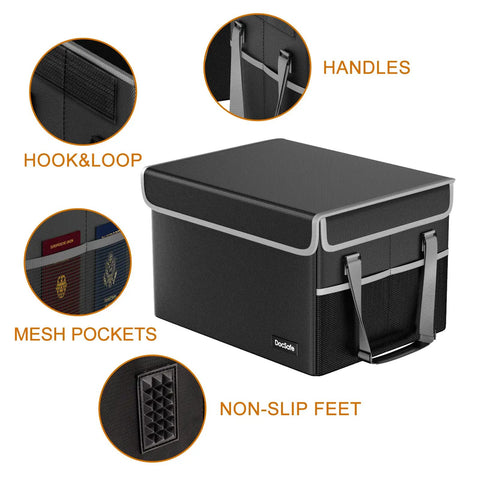 Fireproof File Box Safe Organizer with lid, handles, mesh pockets, hook & loop, and non-slip feet for letter and legal folders.