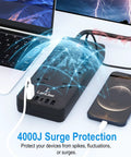 Eight Outlet Power Strip With Five USB Ports Including USB C, Six Foot Flat Plug Surge Protector showing surge protection with devices connected